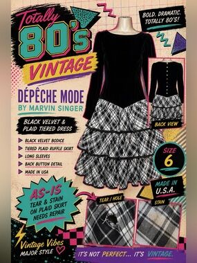 Vintage Dépêche Mode by Marvin Singer Black Velvet Plaid Tiered Dress Size 6